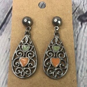 Boho silver tone heart drop dangle earrings